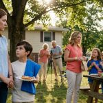 A mother comforts her nine-year-old son at a family picnic as his cousins receive matching reunion wristbands and T-shirts while he is left out.