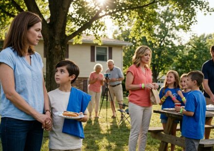 A mother comforts her nine-year-old son at a family picnic as his cousins receive matching reunion wristbands and T-shirts while he is left out.