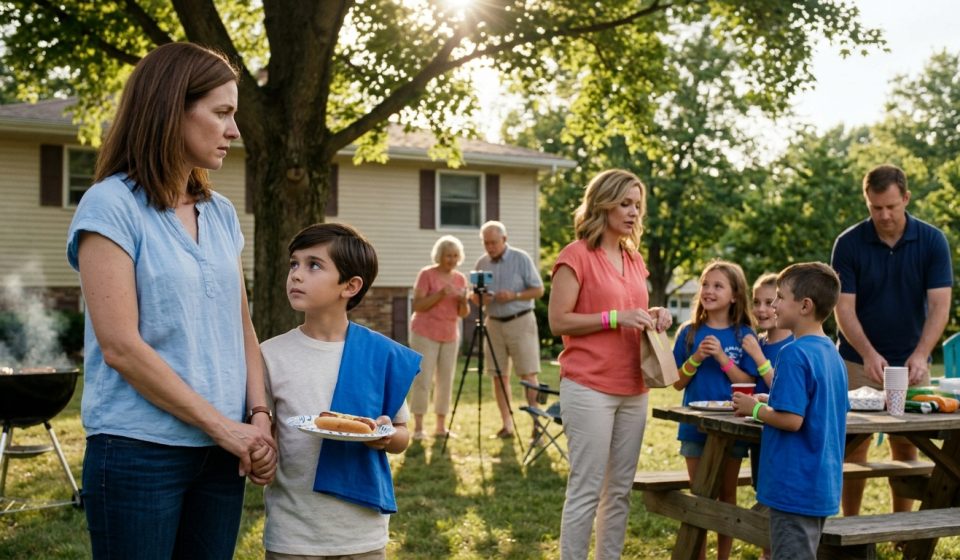 A mother comforts her nine-year-old son at a family picnic as his cousins receive matching reunion wristbands and T-shirts while he is left out.