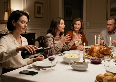 A composed woman pours red wine during Thanksgiving dinner while her sister enthusiastically discusses plans to move into her privately owned beach house.