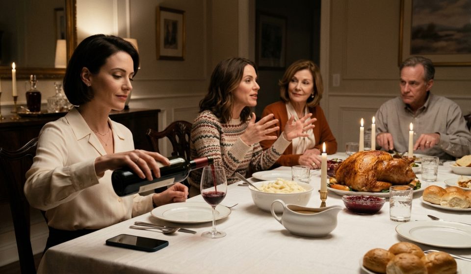 A composed woman pours red wine during Thanksgiving dinner while her sister enthusiastically discusses plans to move into her privately owned beach house.