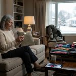 A 66-year-old widow sits beside her fully packed winter suitcase in a Christmas-decorated living room, looking at a message about her canceled family ski vacation.