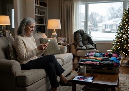 A 66-year-old widow sits beside her fully packed winter suitcase in a Christmas-decorated living room, looking at a message about her canceled family ski vacation.
