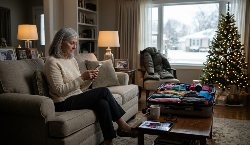 A 66-year-old widow sits beside her fully packed winter suitcase in a Christmas-decorated living room, looking at a message about her canceled family ski vacation.