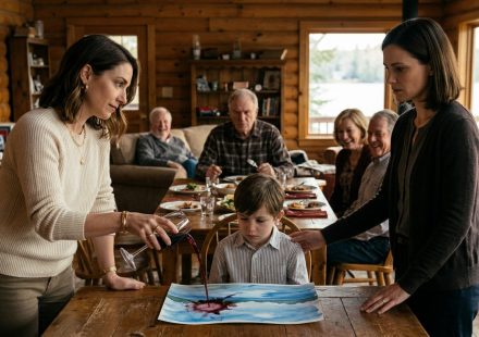 A six-year-old boy watches his aunt pour red wine over his watercolor painting at a family gathering while his mother looks on in disbelief.