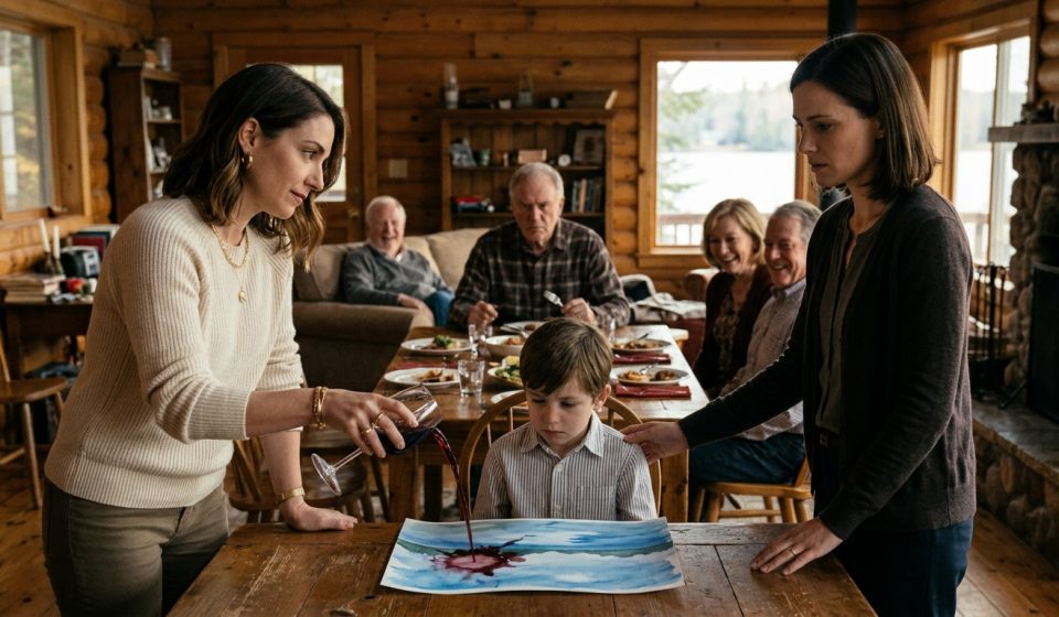 A six-year-old boy watches his aunt pour red wine over his watercolor painting at a family gathering while his mother looks on in disbelief.