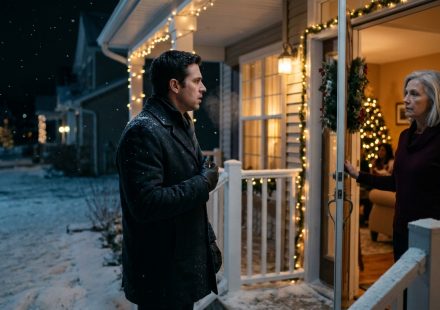 Jacob stands shocked outside his family's Christmas-decorated house as his mother refuses to let him inside on a freezing winter night.