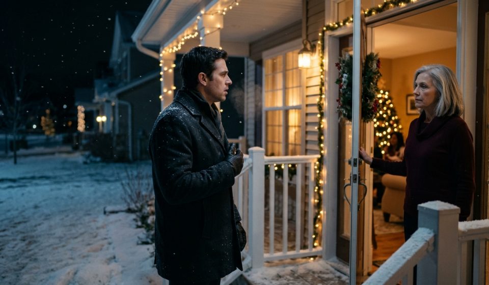 Jacob stands shocked outside his family's Christmas-decorated house as his mother refuses to let him inside on a freezing winter night.