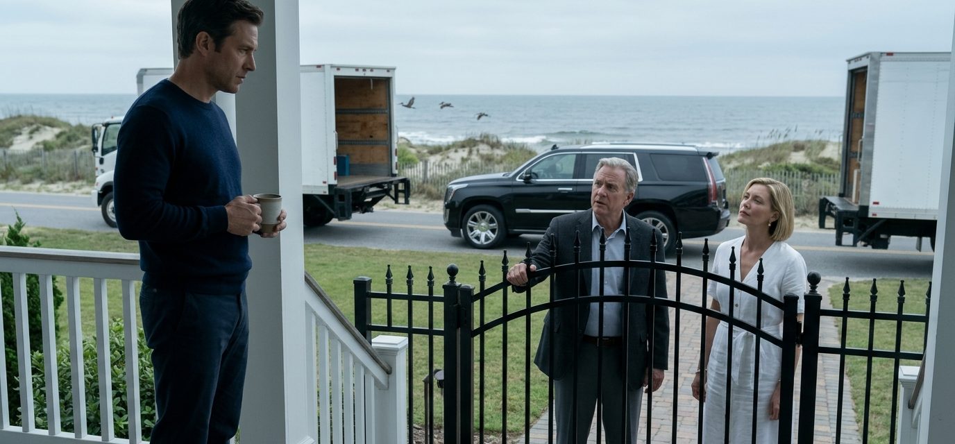 A man holding a coffee mug confronts his wealthy father and older sister outside a luxury beach house, with two moving trucks parked at the gate.