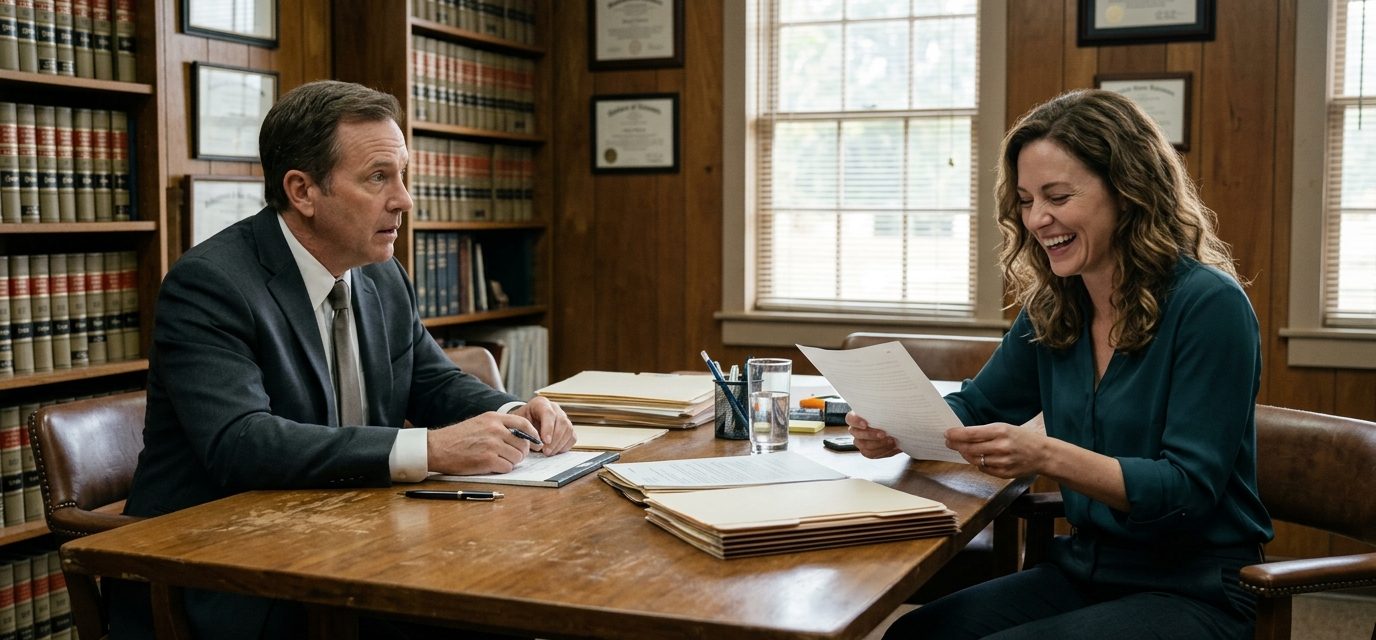 Paige Afton laughing in disbelief while holding a mysterious legal document in an attorney's office after her estranged parents demanded her grandfather's lakehouse.