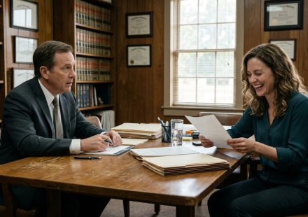 Paige Afton laughing in disbelief while holding a mysterious legal document in an attorney's office after her estranged parents demanded her grandfather's lakehouse.