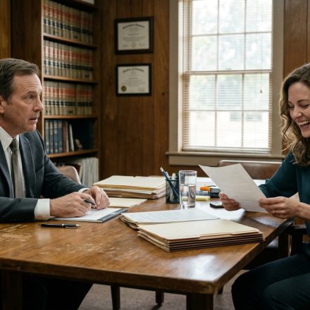 Paige Afton laughing in disbelief while holding a mysterious legal document in an attorney's office after her estranged parents demanded her grandfather's lakehouse.