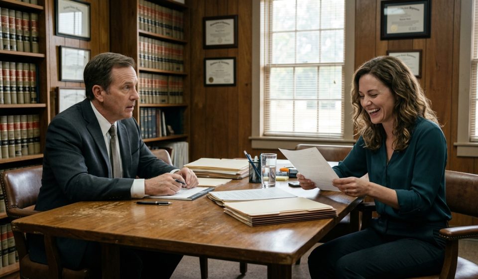 Paige Afton laughing in disbelief while holding a mysterious legal document in an attorney's office after her estranged parents demanded her grandfather's lakehouse.