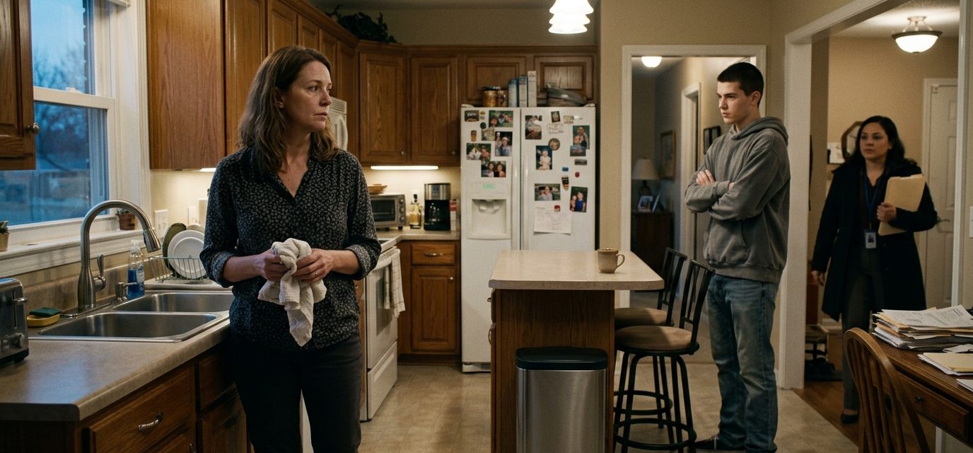A stepmother stands in her kitchen holding a dish towel while her teenage stepson in a grey hoodie faces her with his arms crossed.