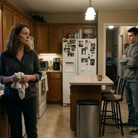 A stepmother stands in her kitchen holding a dish towel while her teenage stepson in a grey hoodie faces her with his arms crossed.
