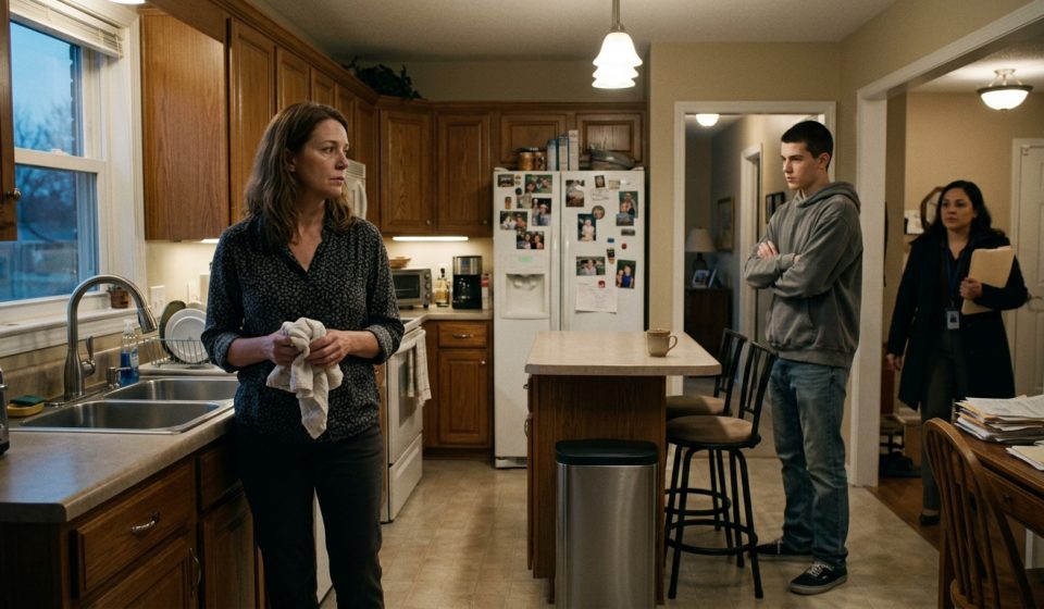 A stepmother stands in her kitchen holding a dish towel while her teenage stepson in a grey hoodie faces her with his arms crossed.