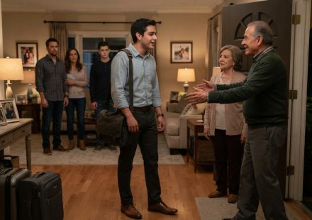 Grandfather questioning his grandson after he unexpectedly arrives by bus for the family Christmas gathering.