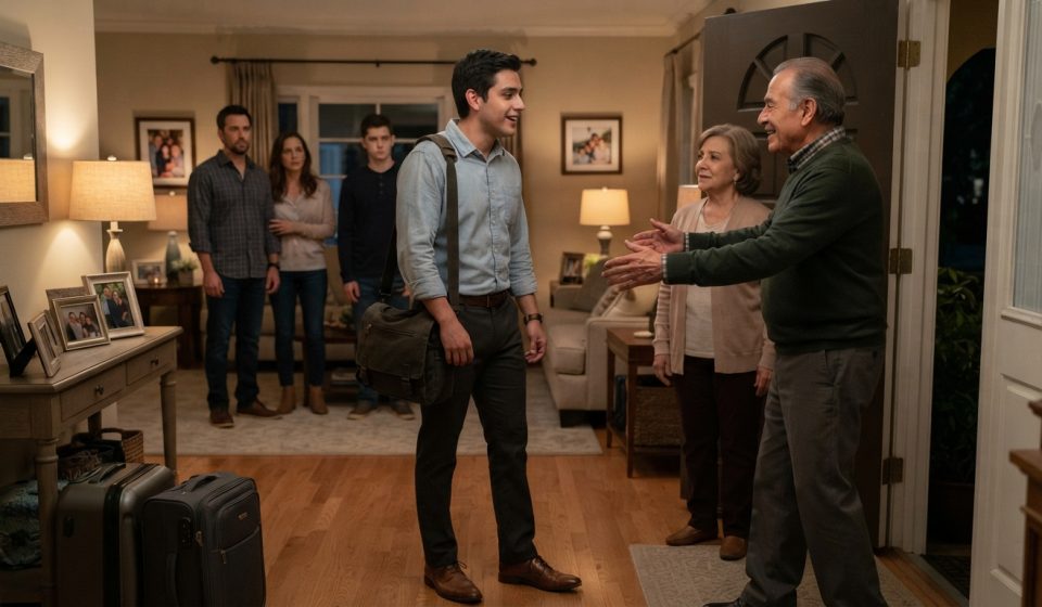 Grandfather questioning his grandson after he unexpectedly arrives by bus for the family Christmas gathering.