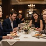 A 64-year-old woman remaining composed during a tense restaurant dinner with her son, daughter-in-law, and her daughter's mother.