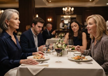 A 64-year-old woman remaining composed during a tense restaurant dinner with her son, daughter-in-law, and her daughter's mother.