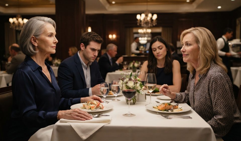 A 64-year-old woman remaining composed during a tense restaurant dinner with her son, daughter-in-law, and her daughter's mother.