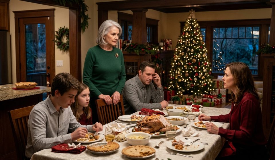 A 68-year-old grandmother standing firmly during a tense Christmas dinner confrontation with her daughter-in-law.