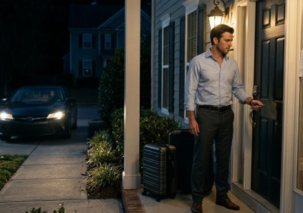 A shocked businessman stands outside his suburban home at night with two suitcases, trying his key in a newly changed door lock beside a handwritten note.