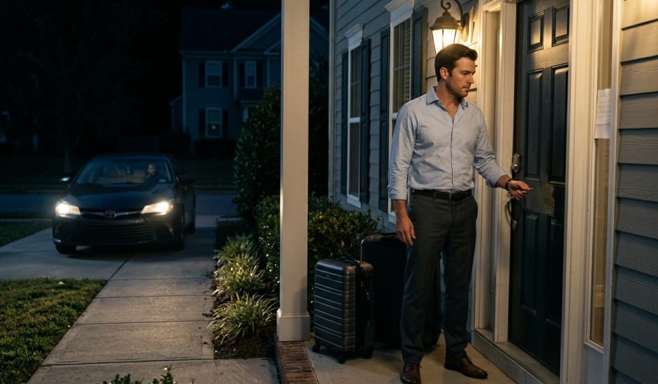 A shocked businessman stands outside his suburban home at night with two suitcases, trying his key in a newly changed door lock beside a handwritten note.