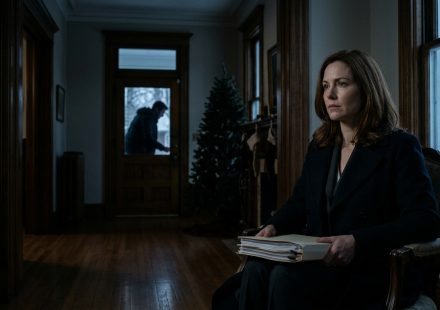 A successful woman sits in a dark historic mansion holding a document folder while her brother attempts to open the front door on Christmas Eve.