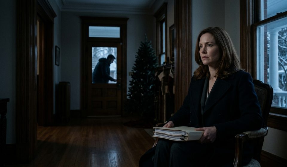A successful woman sits in a dark historic mansion holding a document folder while her brother attempts to open the front door on Christmas Eve.