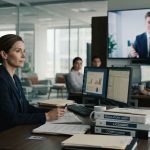 Experienced compliance professional watching her new manager's video introduction while working on regulatory audit documents