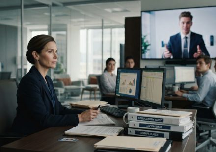 Experienced compliance professional watching her new manager's video introduction while working on regulatory audit documents
