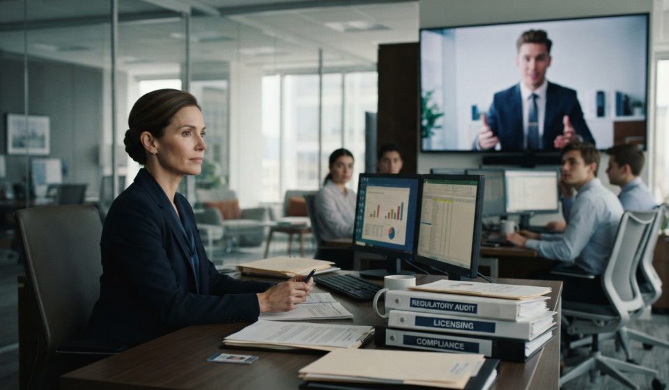 Experienced compliance professional watching her new manager's video introduction while working on regulatory audit documents