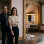 A shocked businesswoman stands inside her Aspen cabin, discovering an unauthorized pink bedroom renovation while her father watches from the doorway.