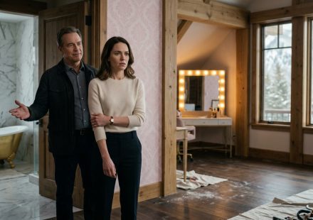 A shocked businesswoman stands inside her Aspen cabin, discovering an unauthorized pink bedroom renovation while her father watches from the doorway.