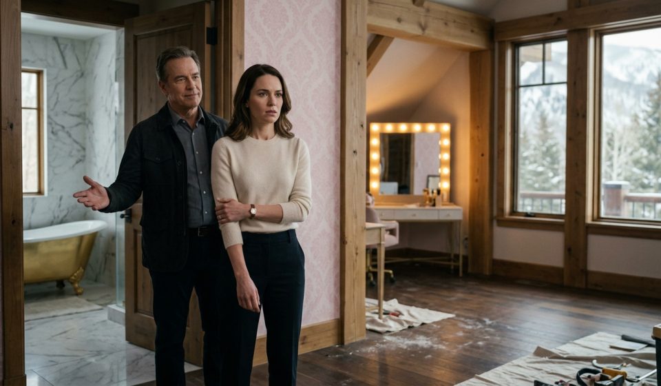 A shocked businesswoman stands inside her Aspen cabin, discovering an unauthorized pink bedroom renovation while her father watches from the doorway.