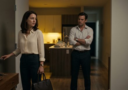 A frightened professional woman standing in her dimly lit apartment doorway while her angry husband confronts her about arriving home late from work.