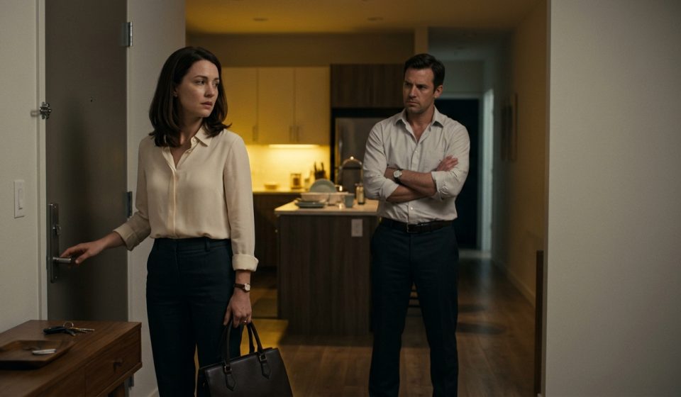 A frightened professional woman standing in her dimly lit apartment doorway while her angry husband confronts her about arriving home late from work.