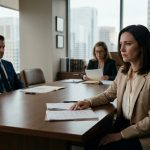 A composed woman signs divorce papers across from her distant husband in an elegant downtown lawyer's office.