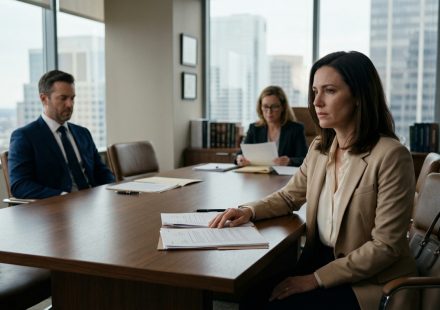 A composed woman signs divorce papers across from her distant husband in an elegant downtown lawyer's office.