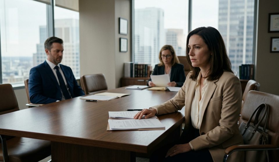 A composed woman signs divorce papers across from her distant husband in an elegant downtown lawyer's office.