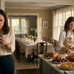 A shocked mother reads a message on her phone while her 17-year-old daughter happily prepares birthday pastries beside a beautifully decorated dining table set for twenty-three guests.