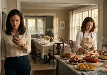 A shocked mother reads a message on her phone while her 17-year-old daughter happily prepares birthday pastries beside a beautifully decorated dining table set for twenty-three guests.