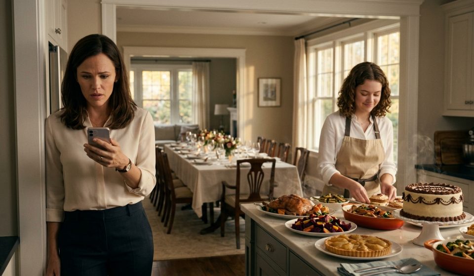A shocked mother reads a message on her phone while her 17-year-old daughter happily prepares birthday pastries beside a beautifully decorated dining table set for twenty-three guests.