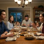 A frustrated male software engineer sits across from his insistent mother during a tense family dinner while his younger sister and her family look uncomfortable.