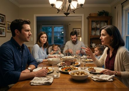 A frustrated male software engineer sits across from his insistent mother during a tense family dinner while his younger sister and her family look uncomfortable.