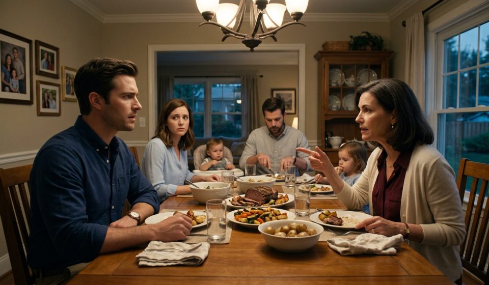 A frustrated male software engineer sits across from his insistent mother during a tense family dinner while his younger sister and her family look uncomfortable.