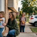 A frightened four-year-old girl gripping her front doorframe while her concerned mother kneels beside her and her grandmother waits near a white SUV.