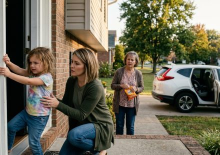 A frightened four-year-old girl gripping her front doorframe while her concerned mother kneels beside her and her grandmother waits near a white SUV.