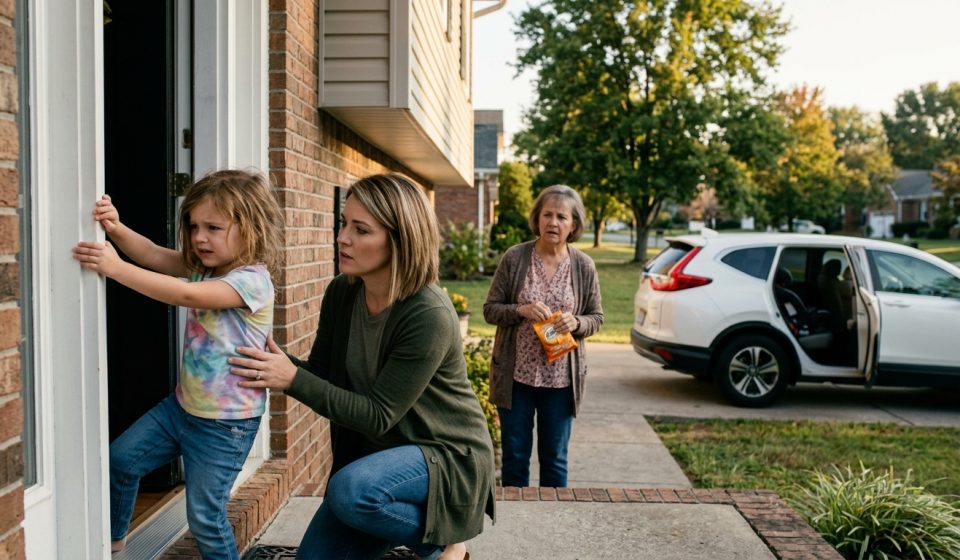 A frightened four-year-old girl gripping her front doorframe while her concerned mother kneels beside her and her grandmother waits near a white SUV.